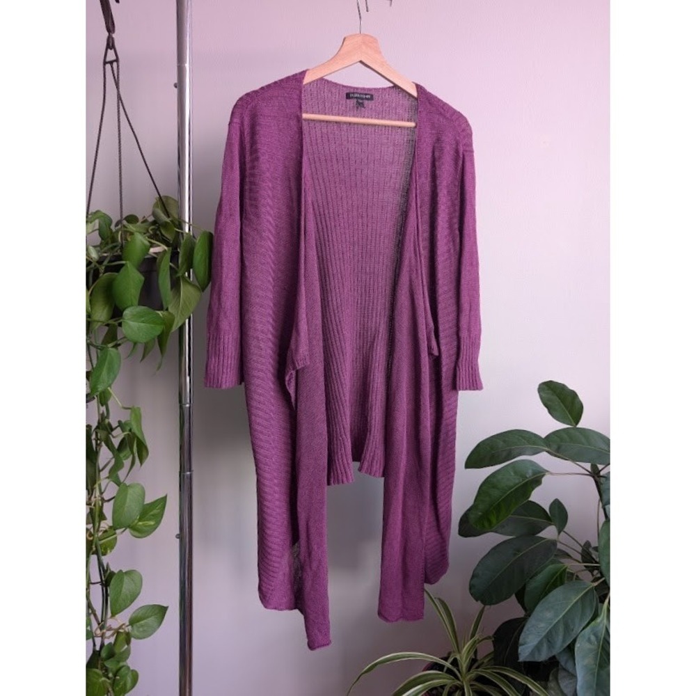 Eileen Fisher Asymmetrical Cardigan Sweater XL Linen Silk purple knit Open rave